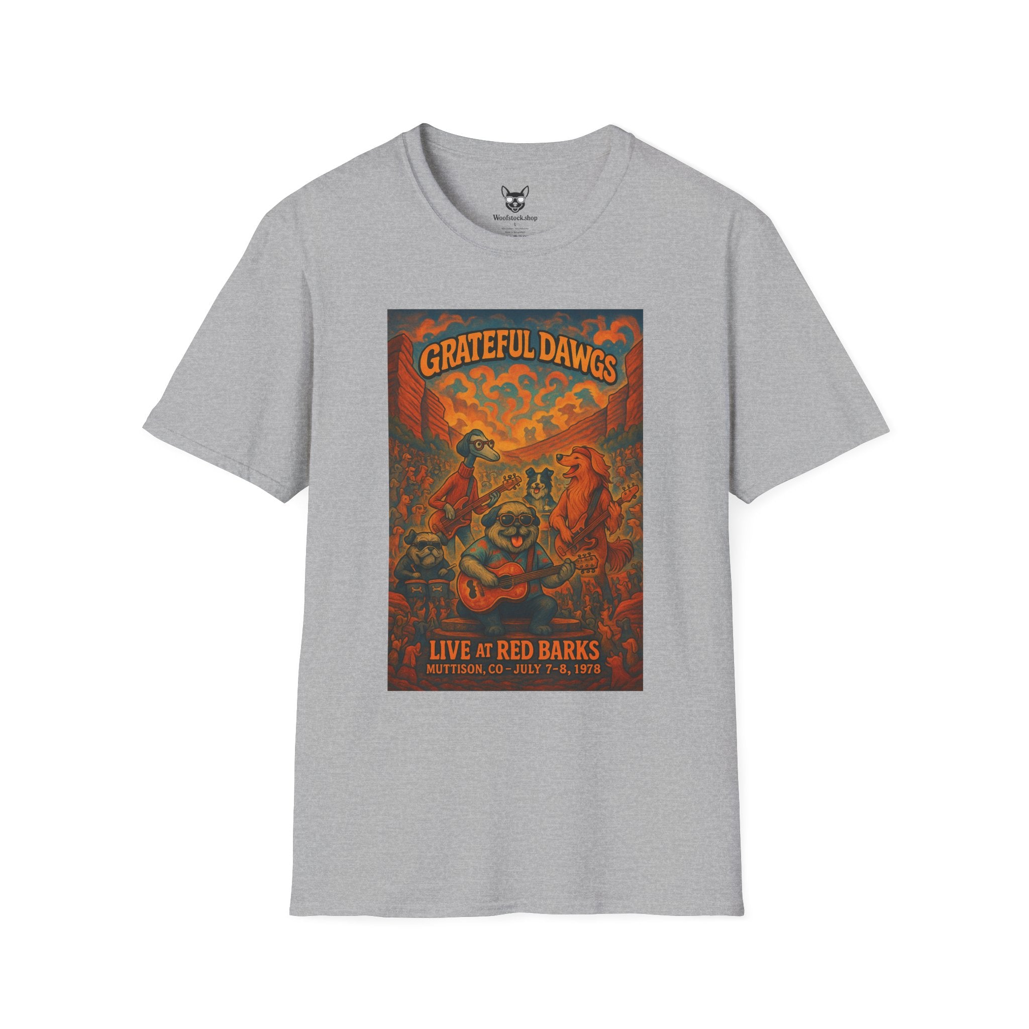 Grateful Dead Concert Poster Dog Parody Unisex Softstyle T-Shirt – Funny Tee for Music and Dog Lovers